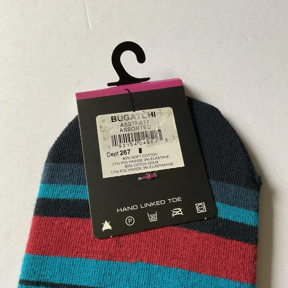 BUGATCHI MENS COTTON LINER SOCKS  BLUE MULTI-COLOR STRIPE OS NWT